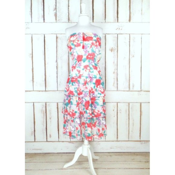 70s vintage red and ivory tropical floral gauzy sheer strapless ruffle dress - Picture 1 of 5